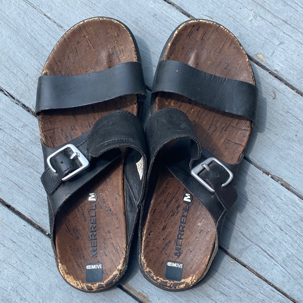 Merrell slides, black leather & cork, size 6.